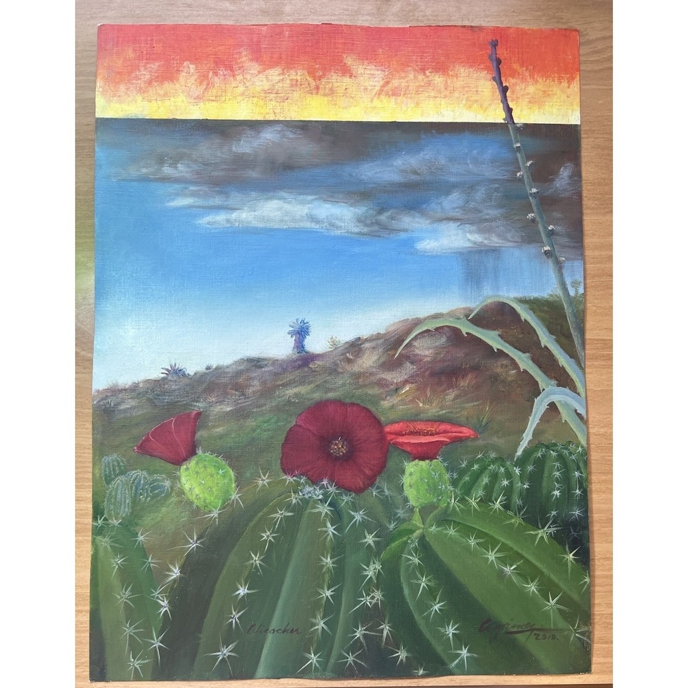 Oil On Paper Print Cactus Flower Desert  Sky Landscape 12"x16" Original Signed